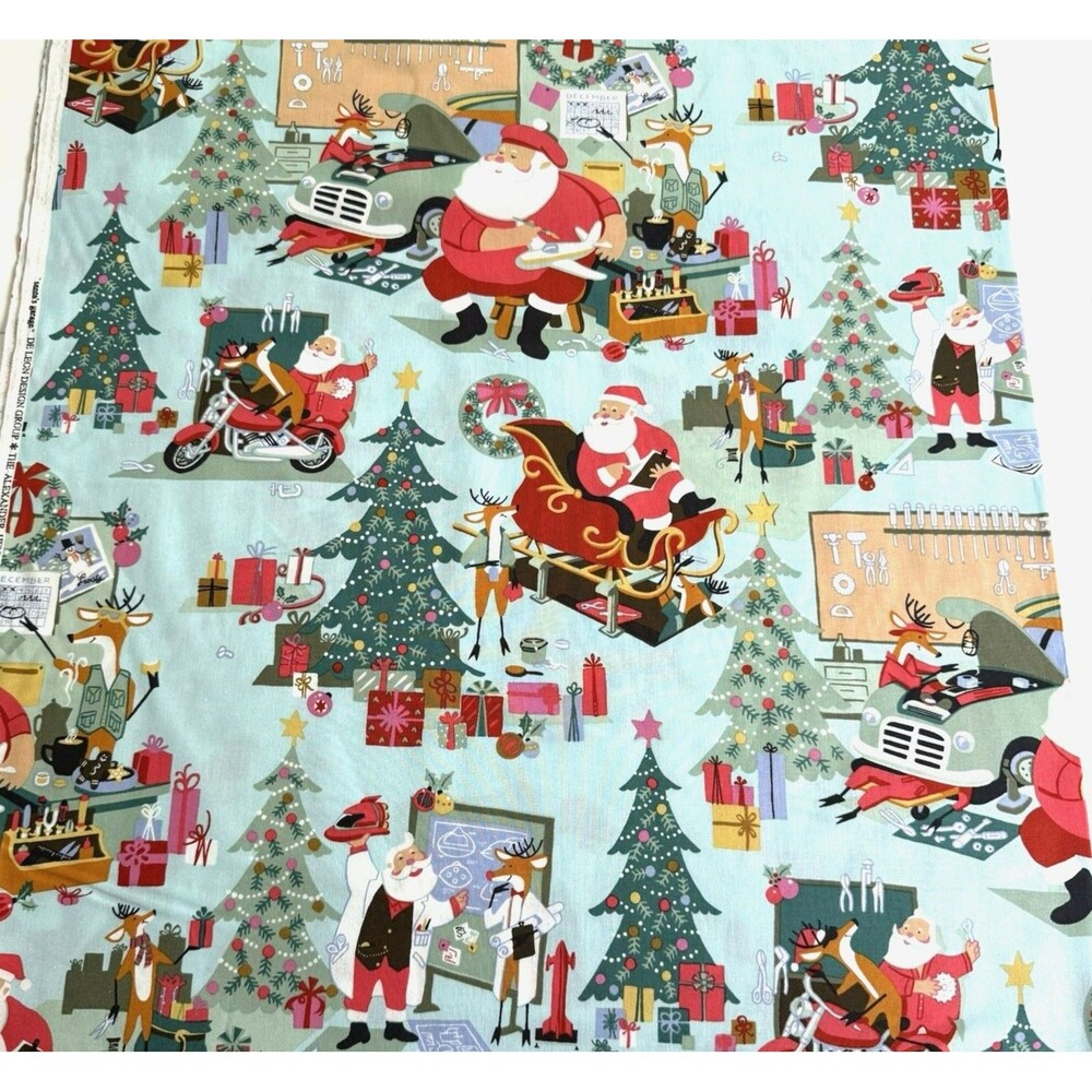 XMAS ALEXANDER HENRY SANTA'S GARAGE GREEN COLORWAY CHRISTMAS FABRIC 32 x 44